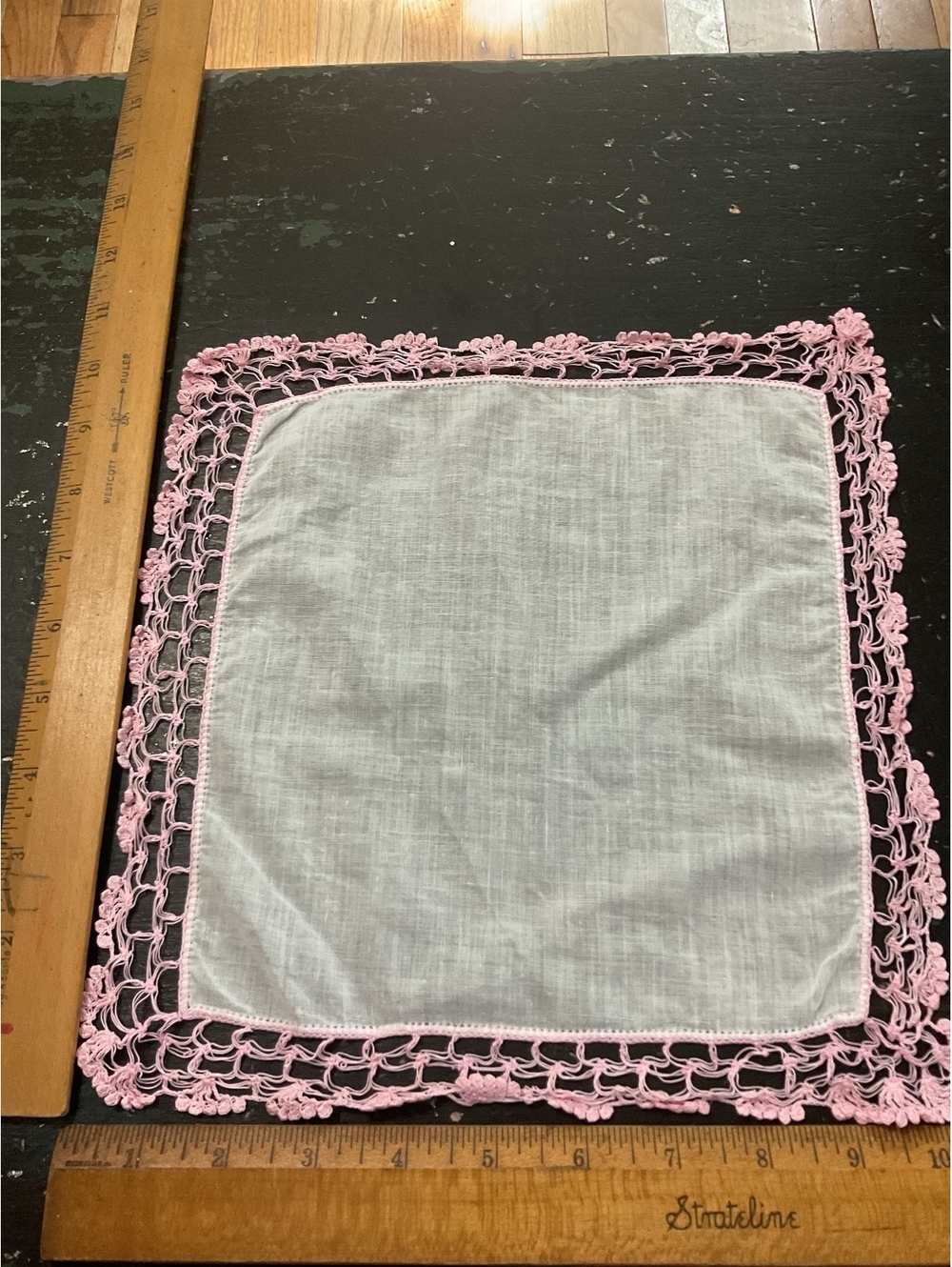 Vintage White Linen Handkerchief with Pink Crochet Lace Border
